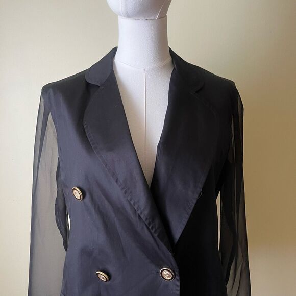 Vintage Bloomingdales Black Double Breasted Blazer Sheer Sleeves Gold Buttons 10 - Picture 2 of 8